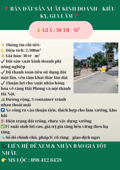  BÁN ĐẤT SẢN XUẤT KINH DOANH – KIÊU KỴ, GIA LÂM 